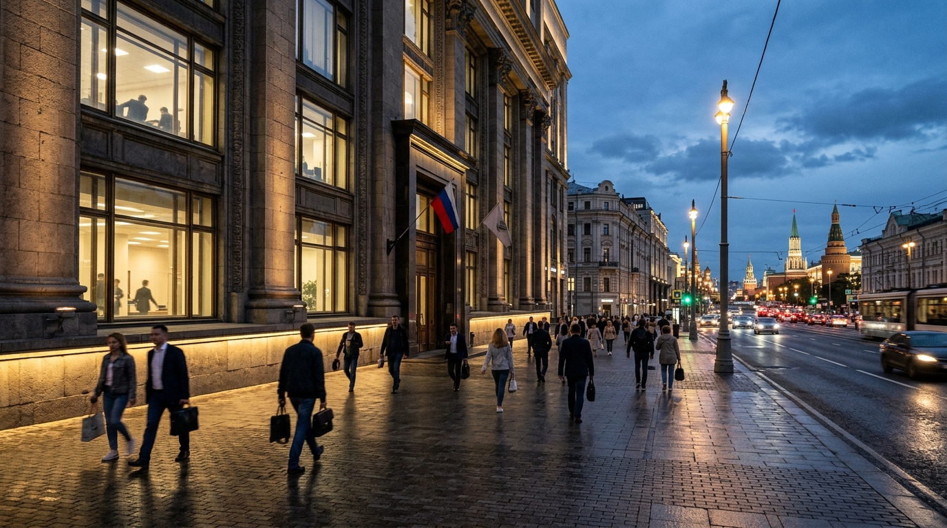 Люди проходят мимо здания банка в центре города вечером