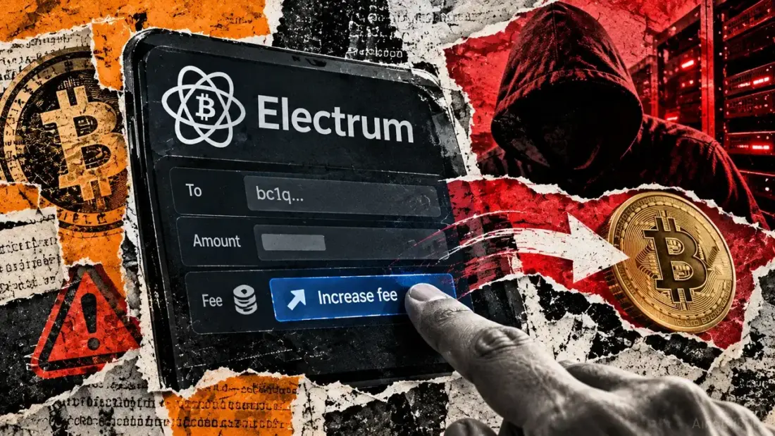 Рука нажимает кнопку Increase fee в кошельке Electrum