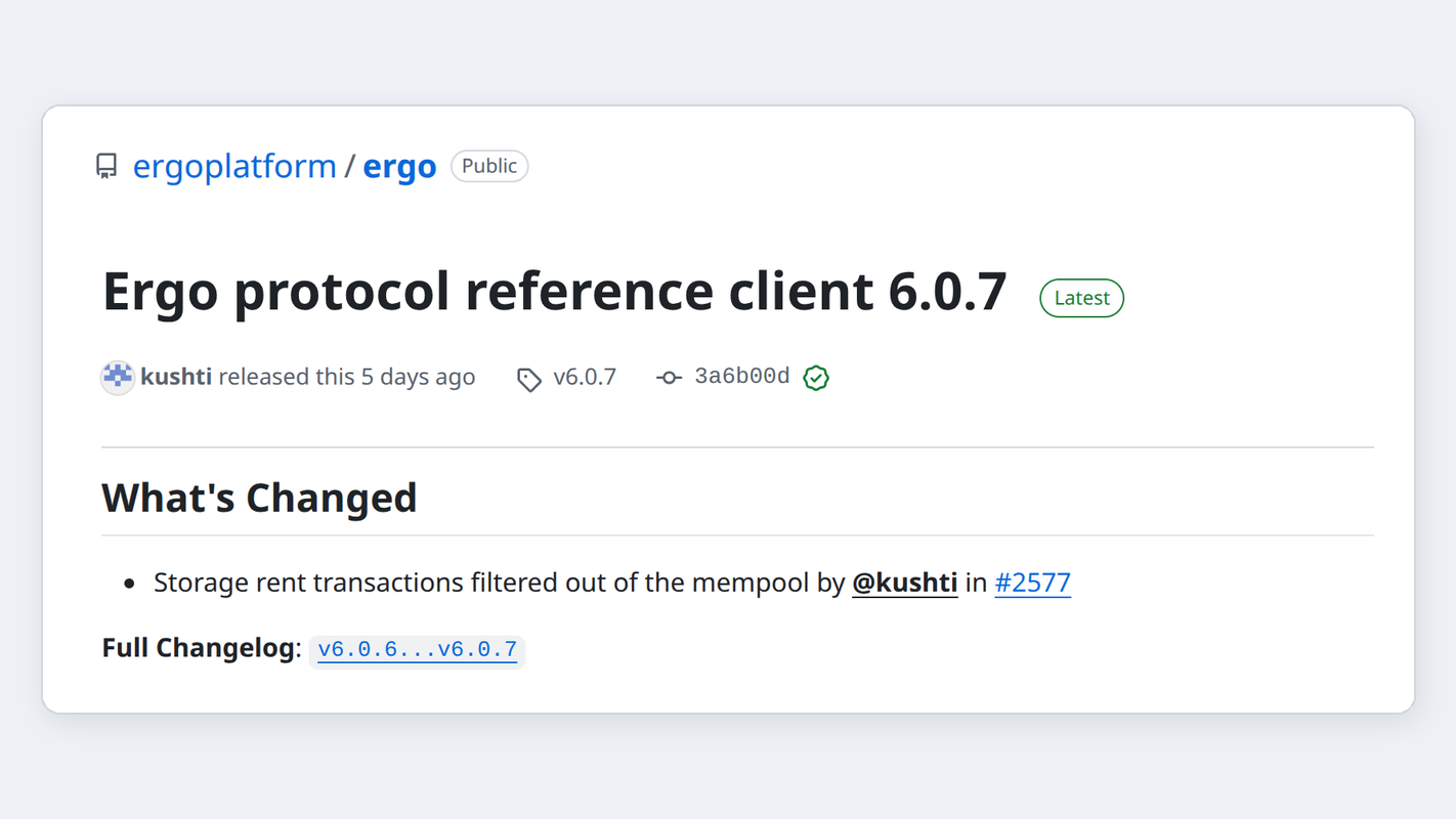 Релиз ноды Ergo 6.0.7 на GitHub: транзакции storage rent убраны из мемпула