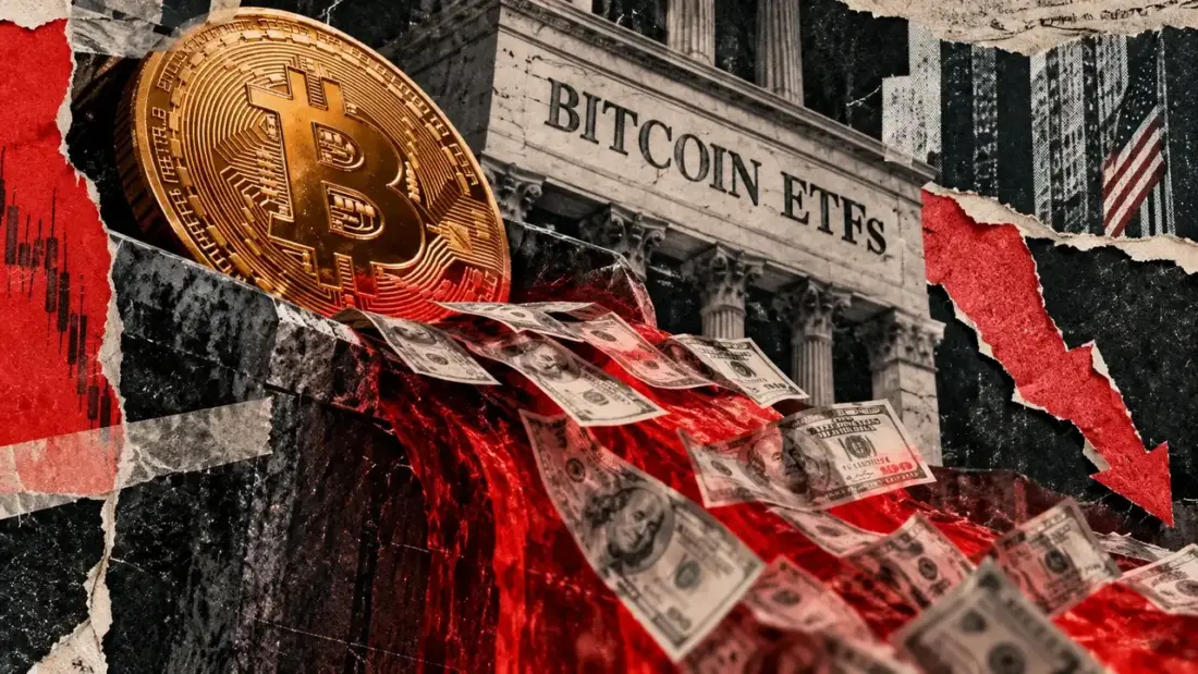 Золотая монета биткоина у здания с надписью Bitcoin ETFs