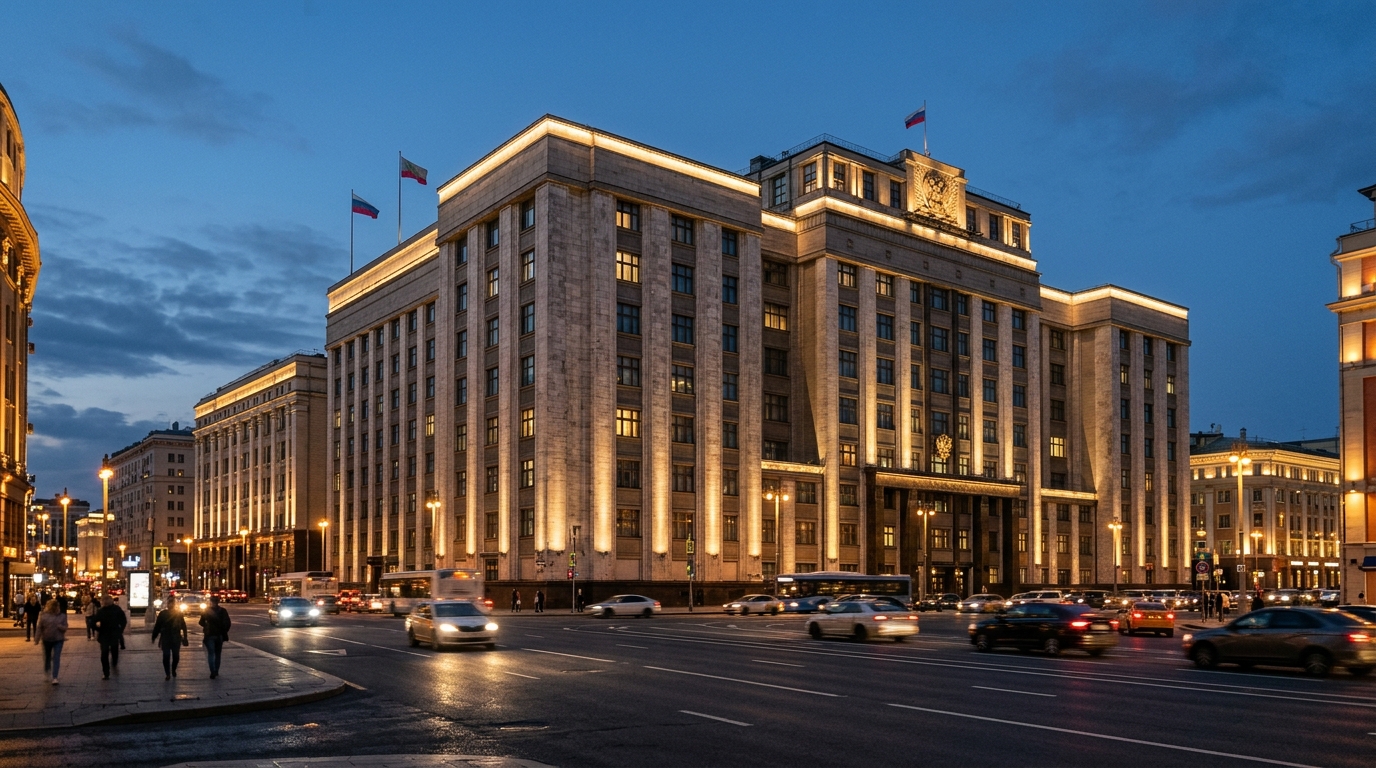 Классическое каменное государственное здание в центре города вечером