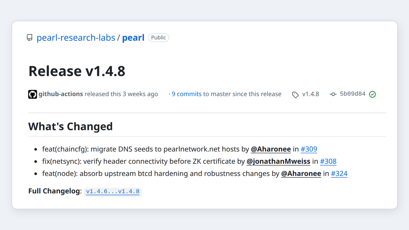 Релиз ноды Pearl (PRL) v1.4.8 на GitHub, коммит 5b09d84