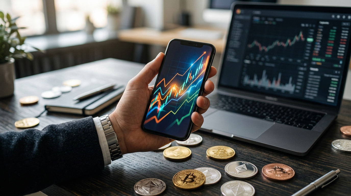 Рука держит смартфон с графиком над столом с монетами