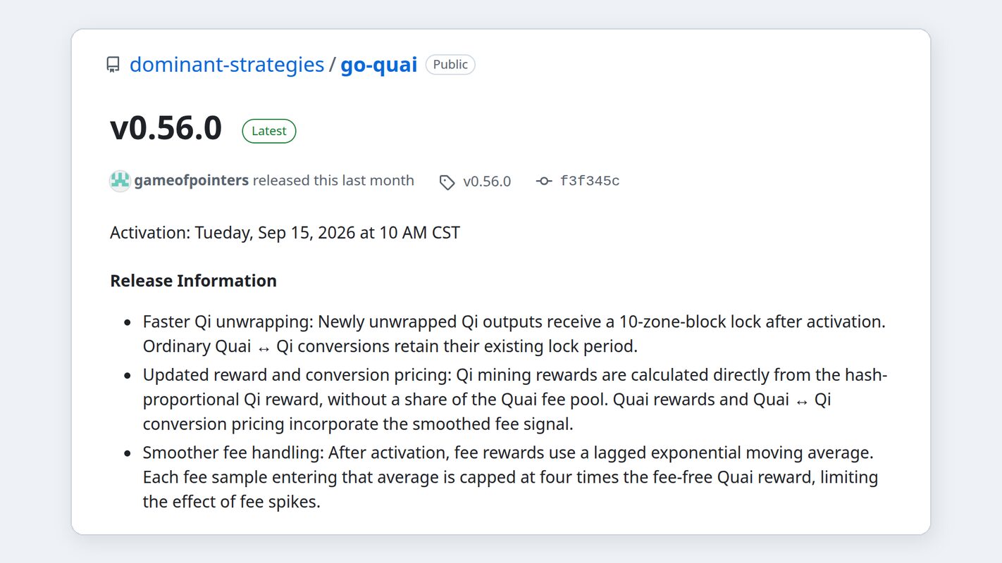 Релиз go-quai v0.56.0 на GitHub: новая формула награды Qi и сглаживание комиссий