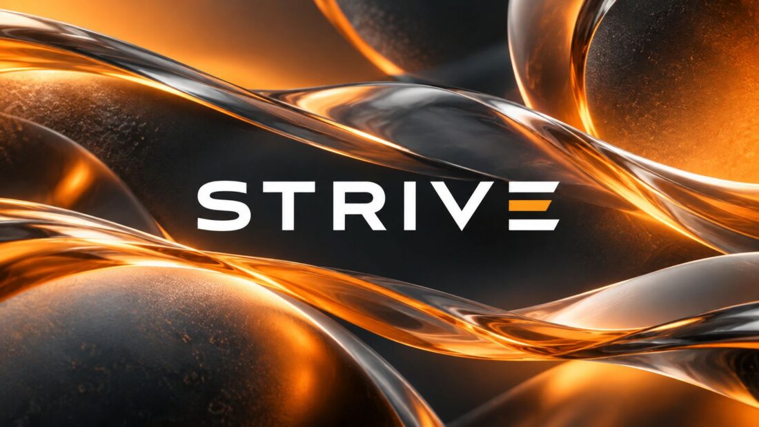 Логотип STRIVE на фоне оранжевых стеклянных волн
