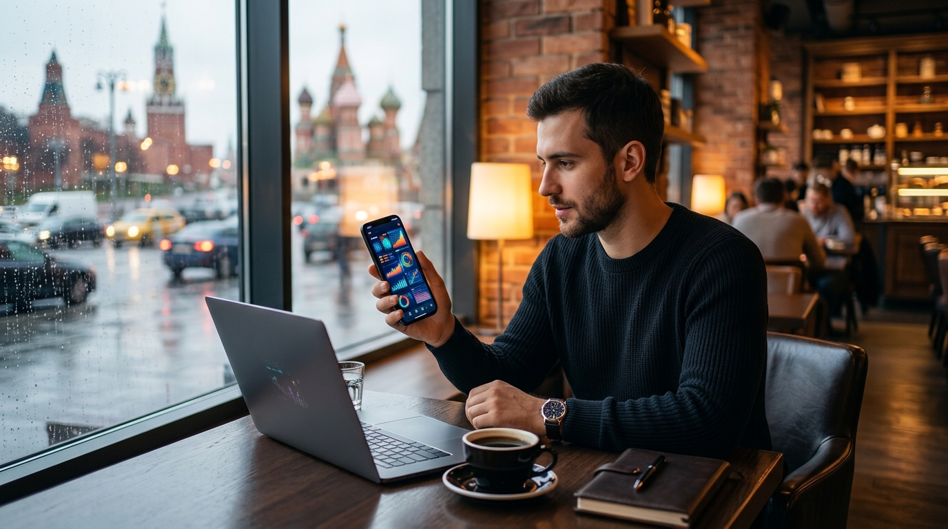Мужчина в кафе держит смартфон с графиками