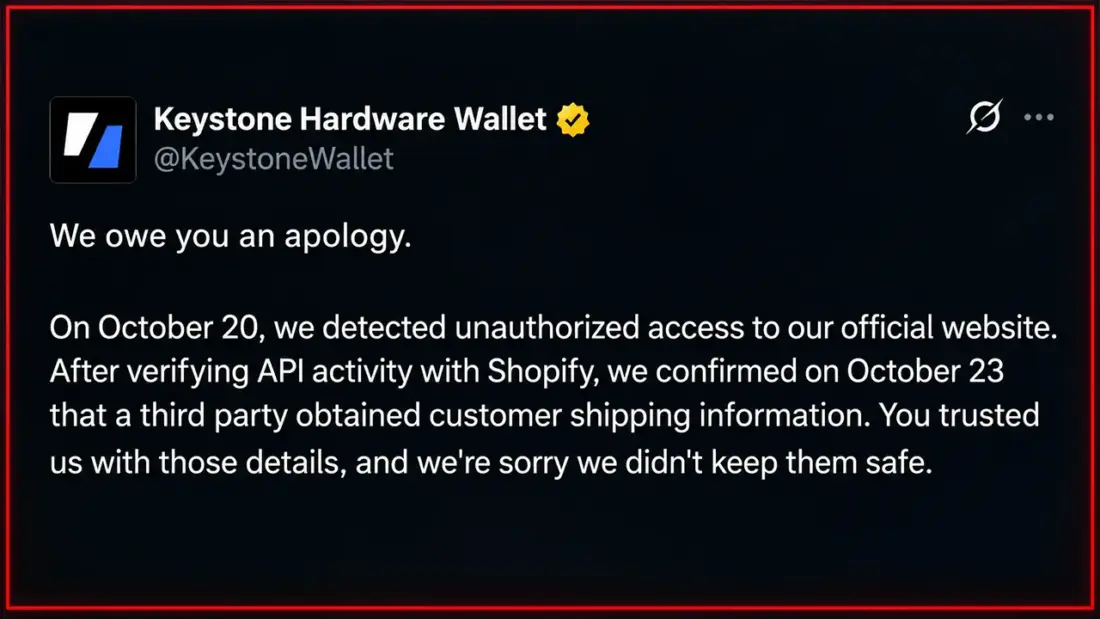 Пост Keystone Hardware Wallet с извинением на тёмном фоне
