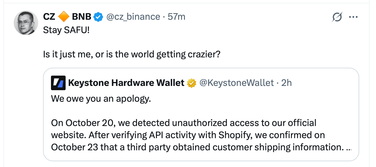 Скриншот поста CZ с извинениями Keystone Wallet