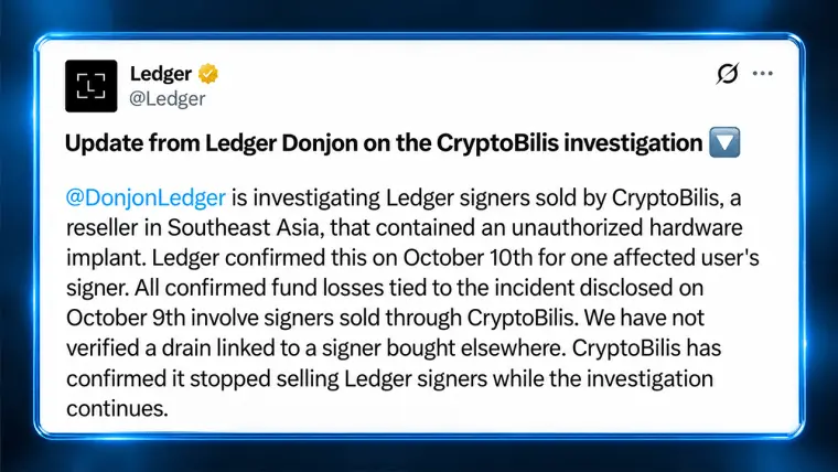 Скриншот поста Ledger в X о расследовании CryptoBilis