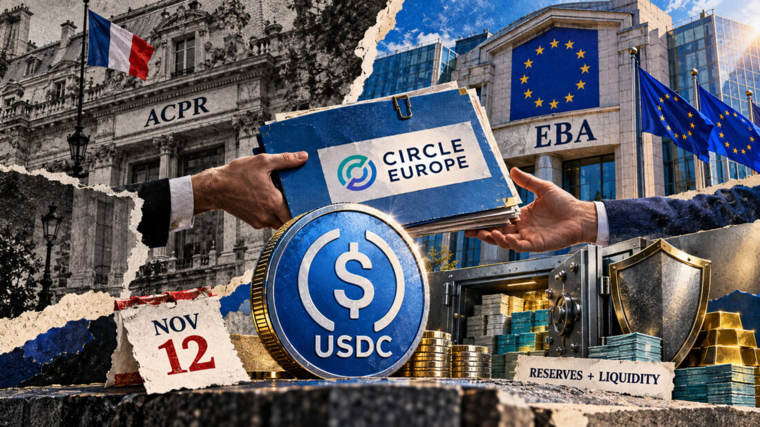 Рука передает папку Circle Europe, рядом монета USDC
