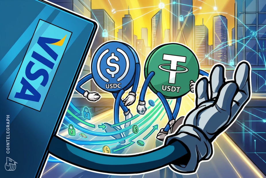 Монеты USDC и USDT бегут рядом с картой Visa