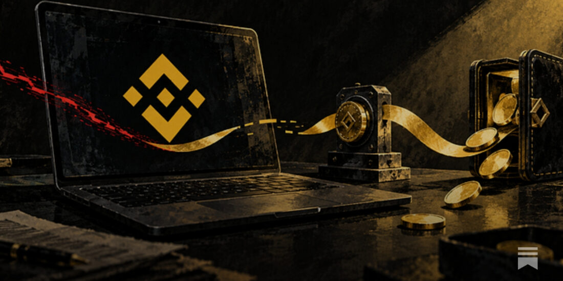 Ноутбук с логотипом Binance и сейф с монетами
