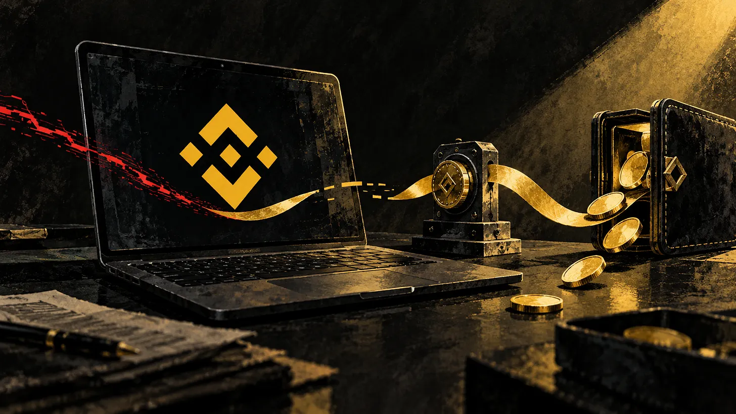 Ноутбук с логотипом Binance, золотые монеты текут в кошелёк
